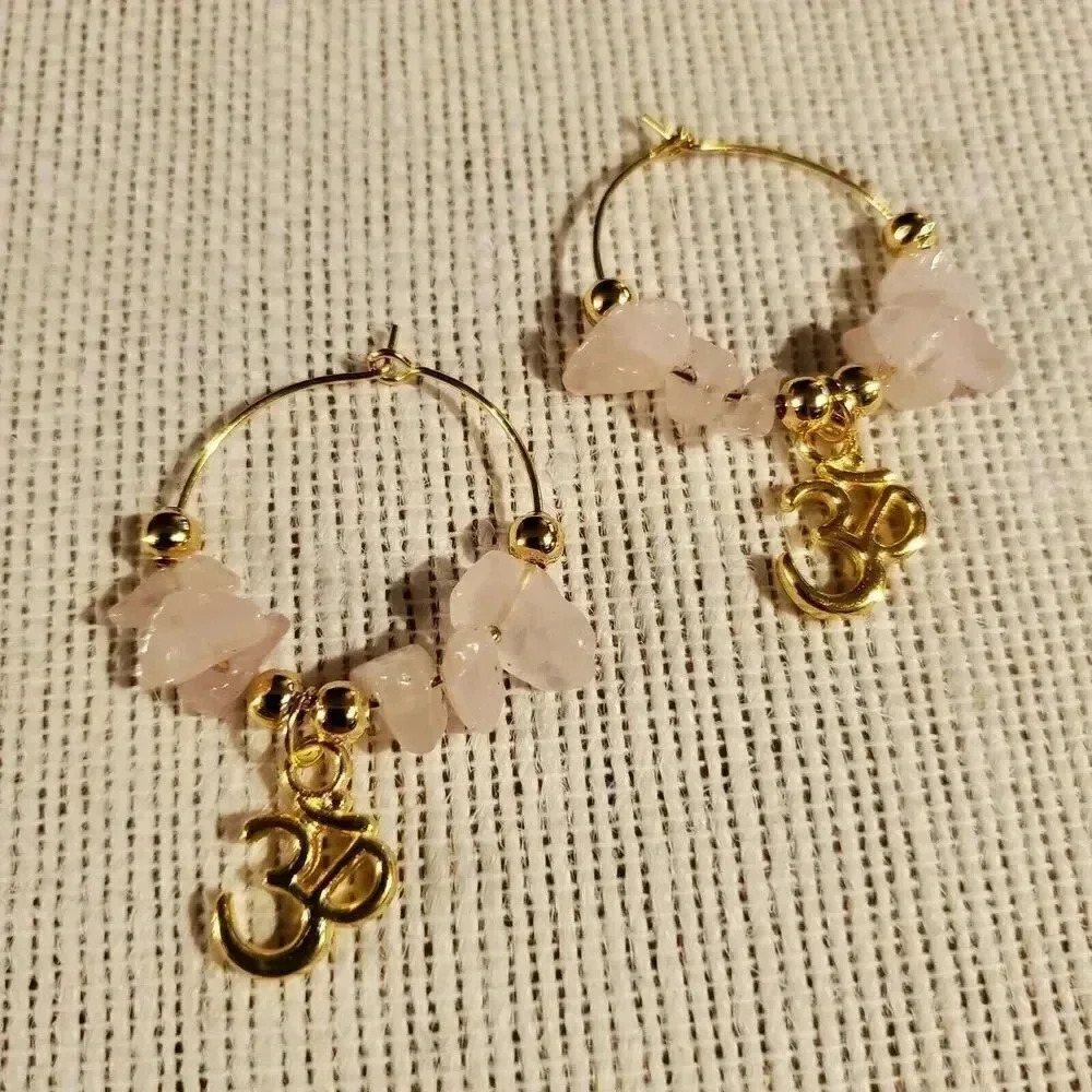 Gemstone Yoga Om Mantra Hoop Earrings 14K Gold Plated Rose Quartz